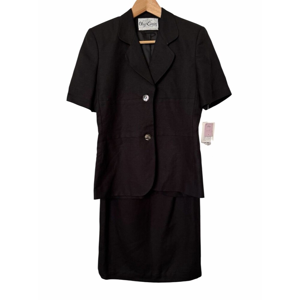 Oleg Cassini Skirt Suit Blazer Womens 4P Black Linen Blend Short Slv Career New